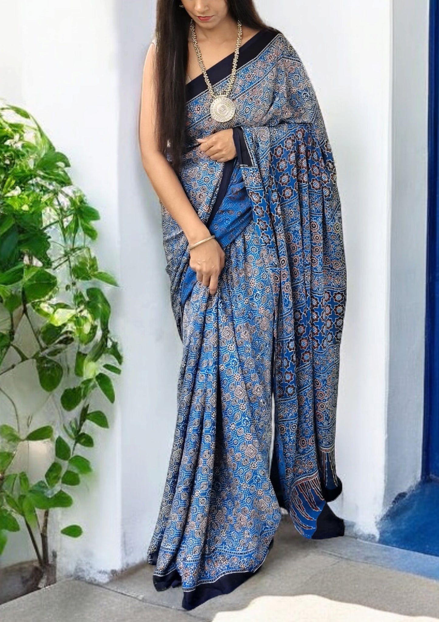 Ajrakh Handblock Printed Modal Saree- M3 Blue
