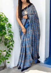 Ajrakh Handblock Printed Modal Saree- M3 Blue