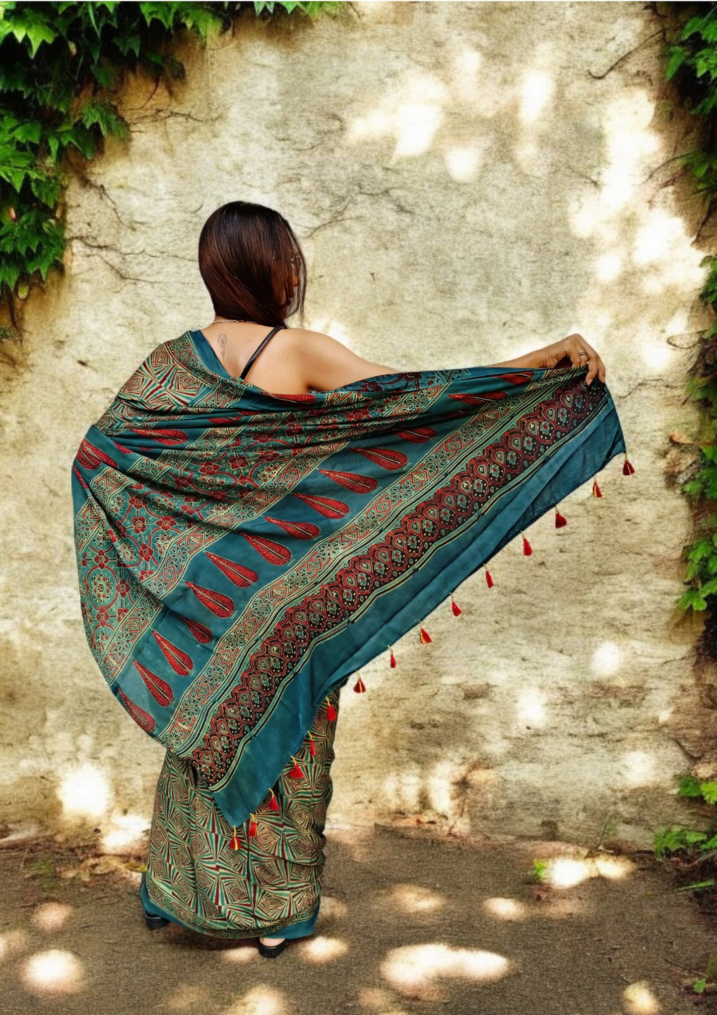 Ajrakh Handblock Printed Modal Saree- M12 Blue