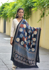 Ajrakh Cotton Dupatta - D4 Indigo - Wefta