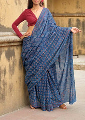 Ajrakh Handblock Printed Cotton Mulmul Saree - Mco1 Blue - Wefta