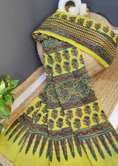 Ajrakh Handblock Printed Cotton Mulmul Saree- Mco3 Yellow - Wefta