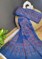Ajrakh Handblock Printed Cotton Mulmul Saree - Mco4 Blue - Wefta