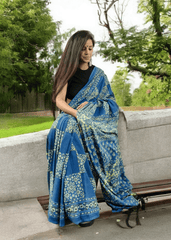 Ajrakh Handblock Printed Cotton Mulmul Saree - Mco5 Blue - Wefta