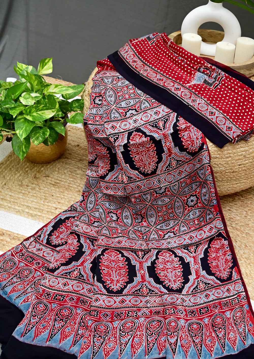 Ajrakh Handblock Printed Modal Saree- M1 Red - Wefta