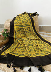 Ajrakh Handblock Printed Modal Saree - M10 Yellow - Wefta