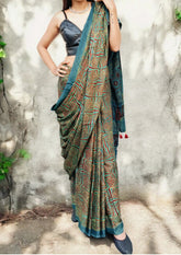 Ajrakh Handblock Printed Modal Saree- M12 Blue - Wefta