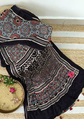 Ajrakh Handblock Printed Modal Saree - M14 Black - Wefta