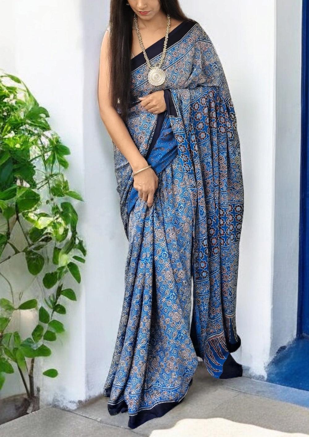 Ajrakh Handblock Printed Modal Saree- M3 Blue - Wefta
