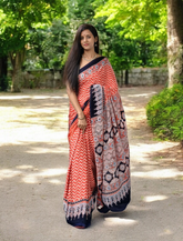 Ajrakh Handblock Printed Modal Saree- M4 Red - Wefta