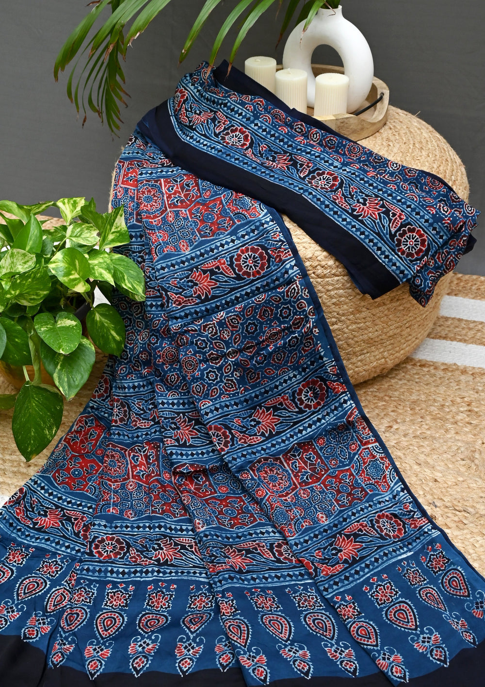 Ajrakh Handblock Printed Modal Saree- M5 Blue - Wefta