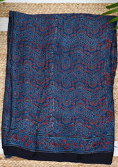 Ajrakh Handblock Printed Modal Saree- M6 Blue - Wefta