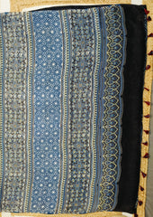 Ajrakh Handblock Printed Modal Saree- M7 Blue - Wefta