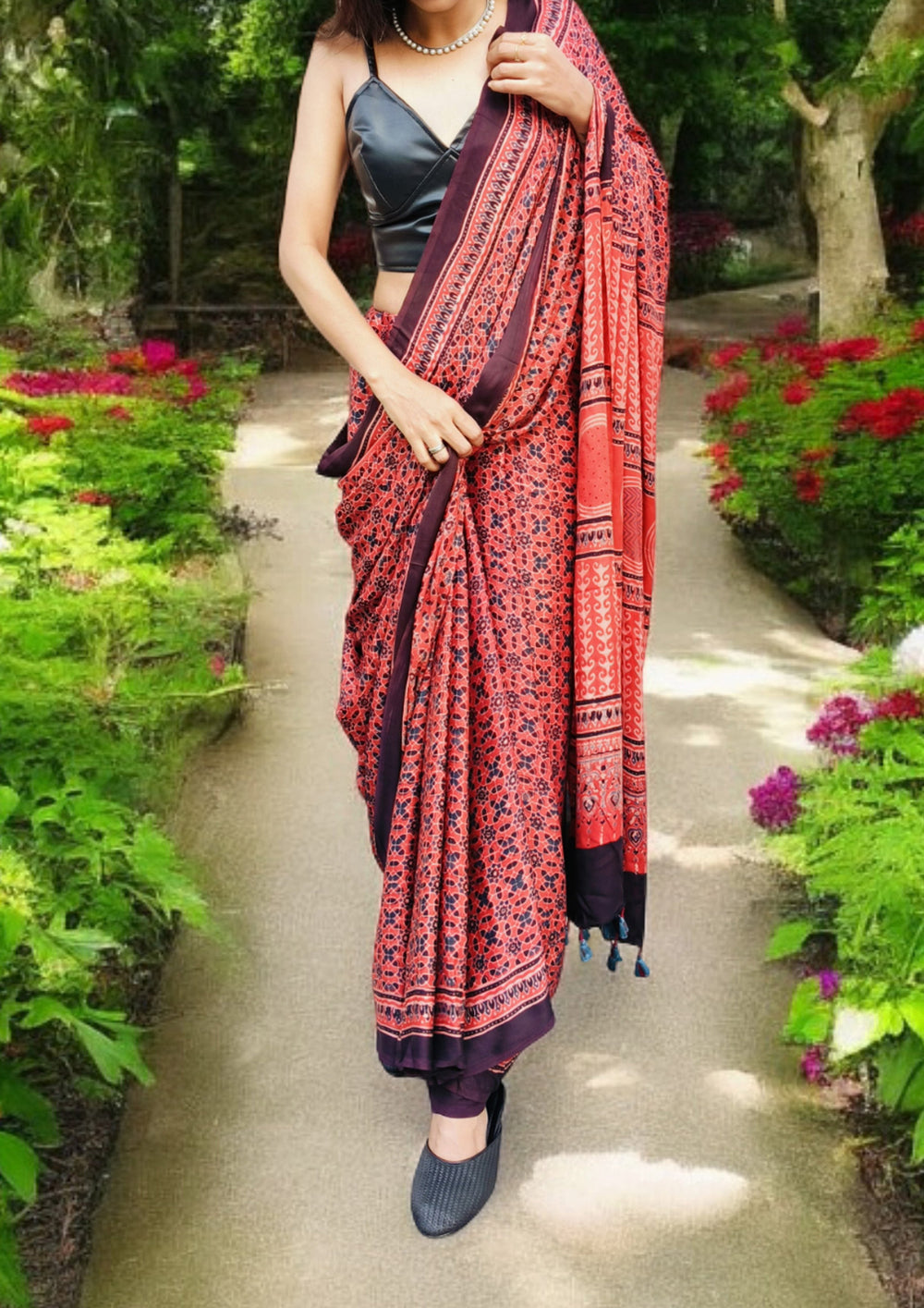 Ajrakh Handblock Printed Modal Saree- M8 Red - Wefta