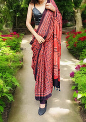 Ajrakh Handblock Printed Modal Saree- M8 Red - Wefta