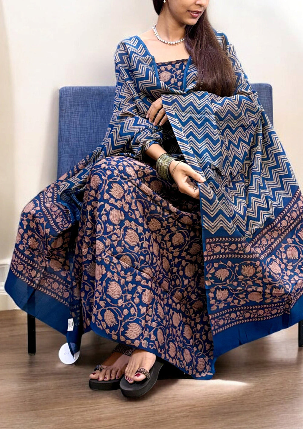 Bagru Chanderi Suit - Dark Blue 01 - Wefta