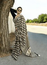 Bagru Handblock Print Cotton Mulmul Saree - Black - Wefta