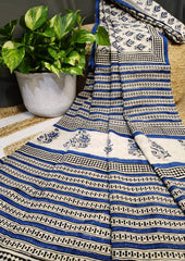 Bagru Handblock Print Cotton Mulmul Saree - Blue - Wefta