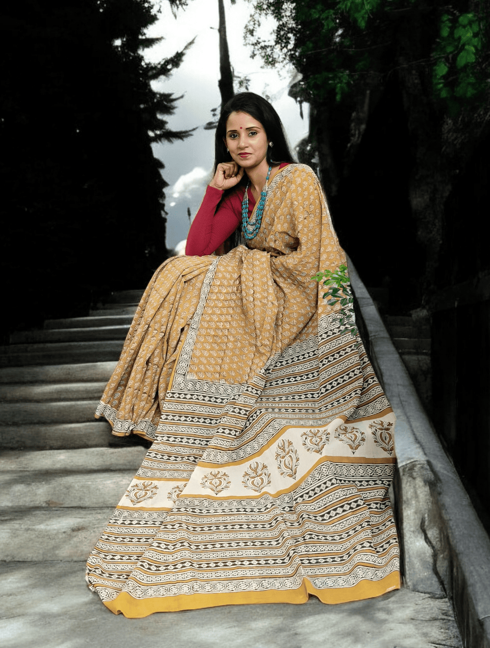 Bagru Handblock Print Cotton Mulmul Saree- Mustard - Wefta