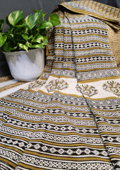Bagru Handblock Print Cotton Mulmul Saree- Mustard - Wefta