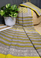Bagru Handblock Print Cotton Mulmul Saree - Yellow - Wefta