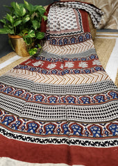 Bagru - Handblock print Cotton Saree - Cream Red1 - Wefta