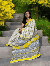 Bagru - Handblock print Cotton Saree - Cream Yellow - Wefta