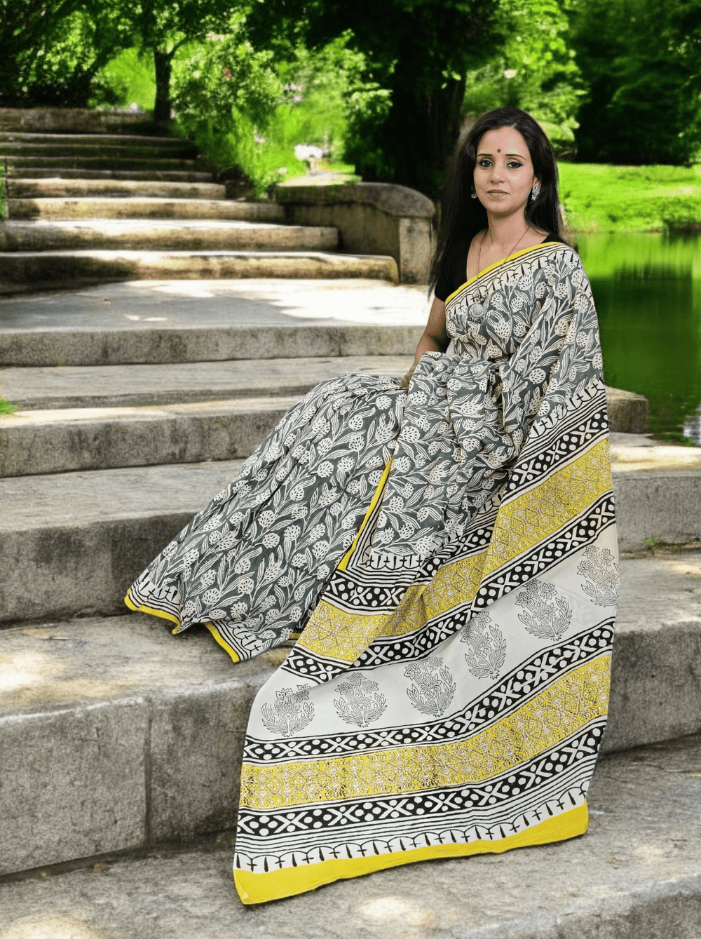 Bagru - Handblock print Cotton Saree - Green 2 - Wefta