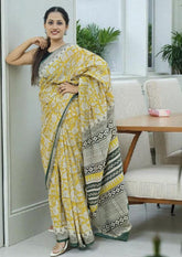Bagru - Handblock print Cotton Saree - Mustard 2 - Wefta