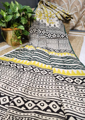 Bagru - Handblock print Cotton Saree - Mustard 2 - Wefta