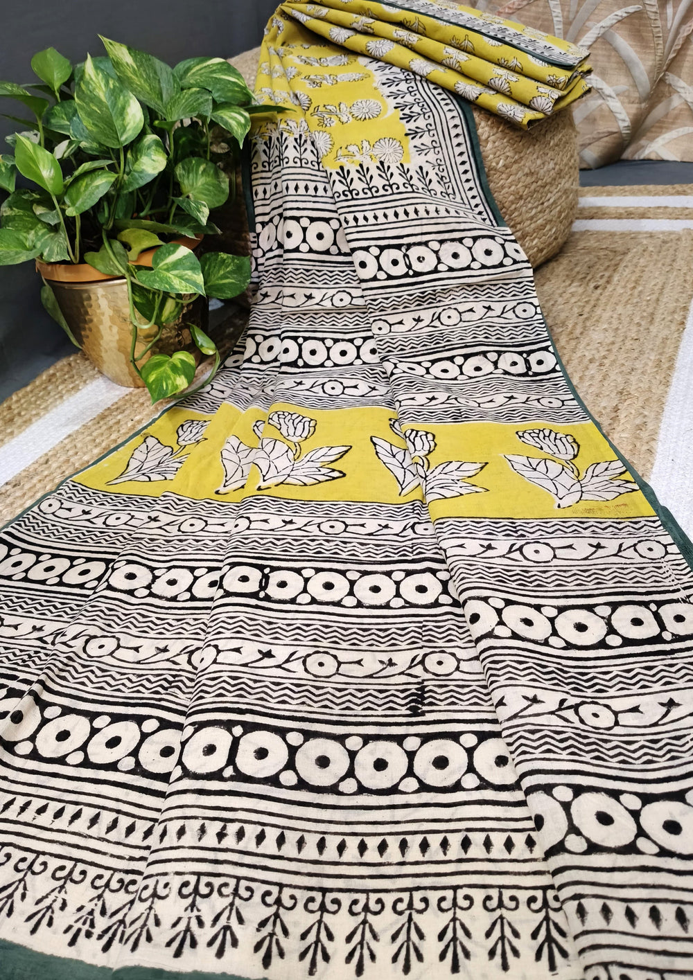 Bagru - Handblock print Cotton Saree - Mustard - Wefta