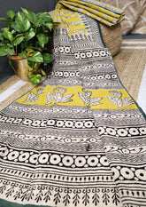 Bagru - Handblock print Cotton Saree - Mustard - Wefta