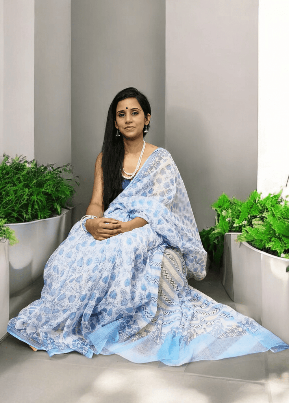 Bagru Handblock Print Kota Doria Saree- Blue Lotus - Wefta