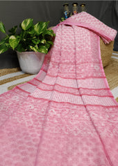 Bagru Handblock Print Kota Doria Saree - Pink Flowers - Wefta