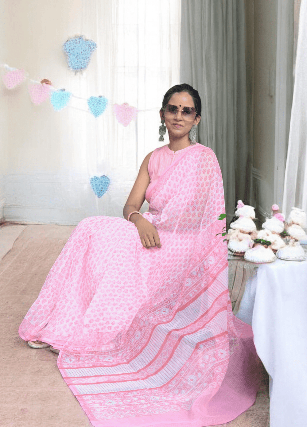 Bagru Handblock Print Kota Doria Saree - Pink Flowers - Wefta