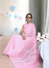Bagru Handblock Print Kota Doria Saree - Pink Flowers - Wefta