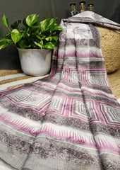 Bagru Handblock Print Kota Doria Sarees - Grey Pink Foliage - Wefta
