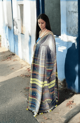 Bhujodi Kala Cotton Saree (Kutchi) - 4KC Navy Checks - Wefta