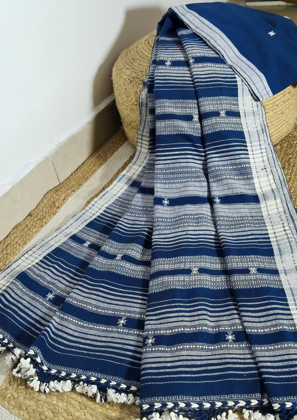 Bhujodi Kala Cotton Saree (Kutchi) - 6KC Blue - Wefta