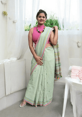 Bhujodi Kala Cotton Saree - Mint green - Wefta