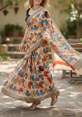 Block Printed Saree - Cream DP3 - Wefta