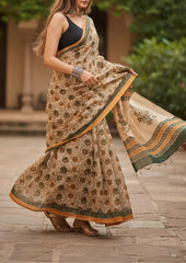 Block Printed Saree - Cream DP4 - Wefta