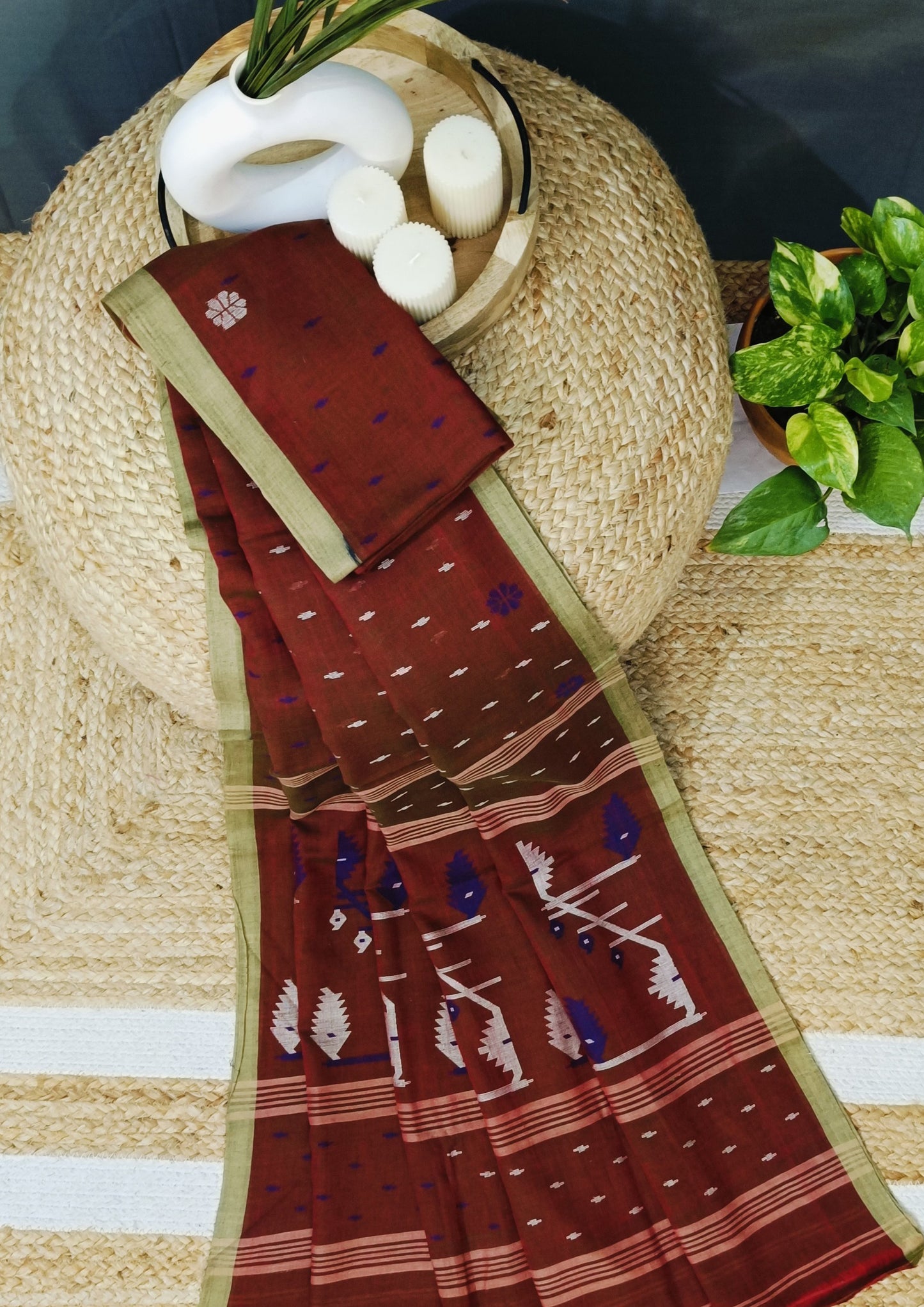Cotton Jamdani Machi Buti Saree- Brown