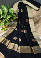 Chanderi Silk Saree - Bda phool buti - Black - Wefta