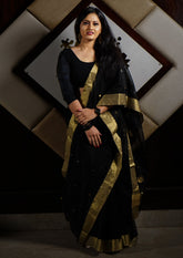 Chanderi Silk Saree - Bda phool buti - Black - Wefta