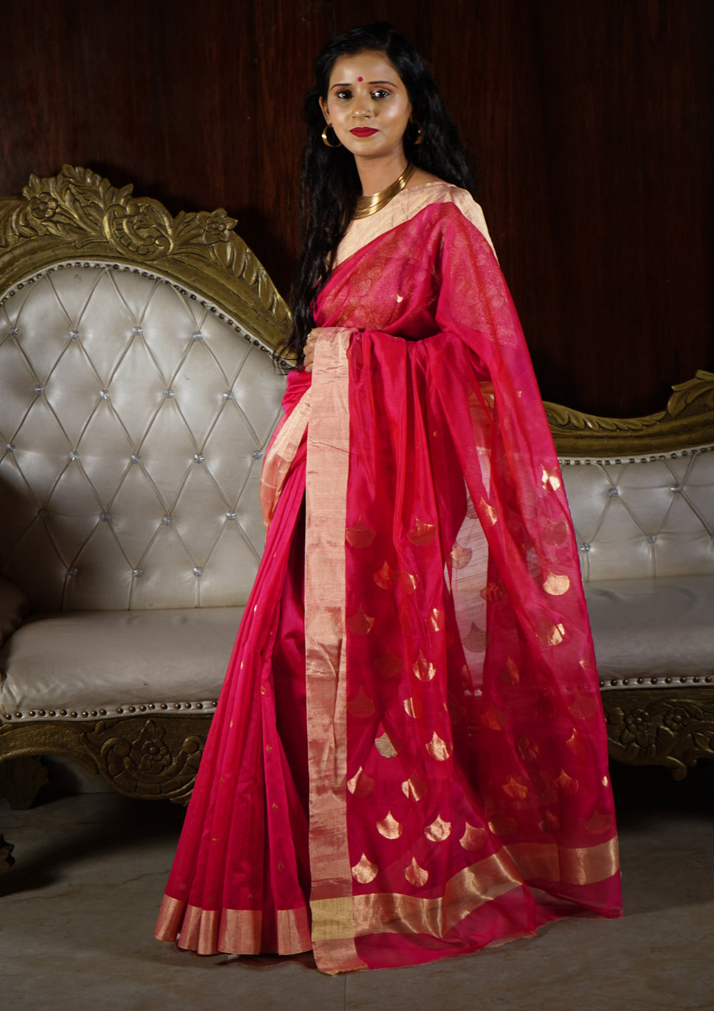 Chanderi Silk Saree - bund buti - Pink - Wefta