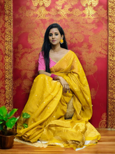 Chanderi Silk Tissue Saree- Mustard yellow - Wefta