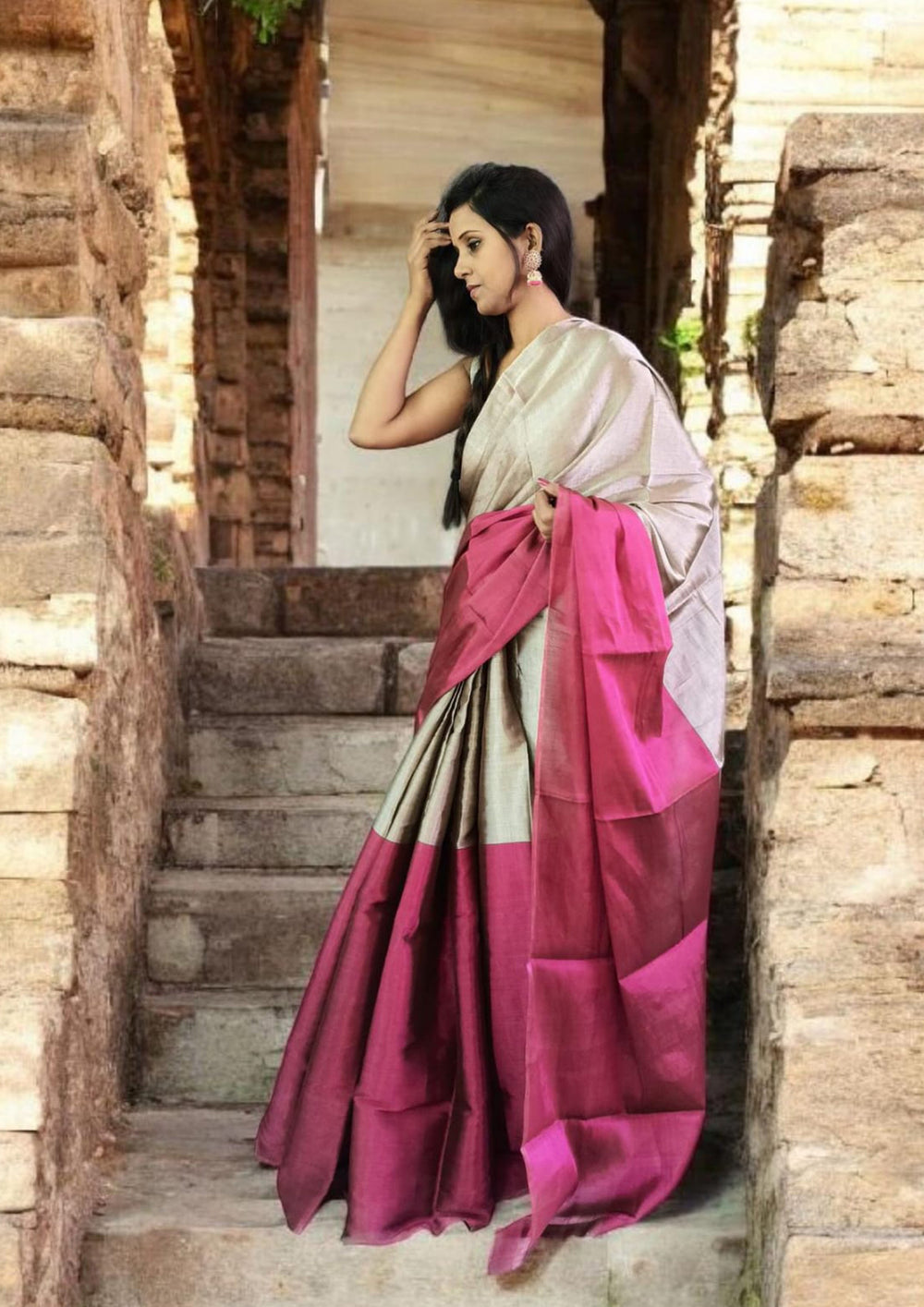 Chanderi Tissue Saree Dhup Chav - Pink & Copper - Wefta