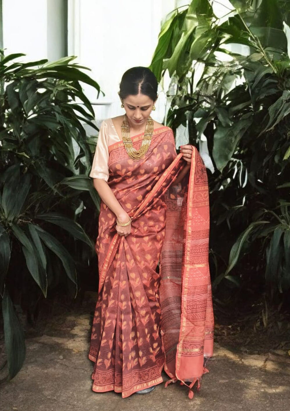 Dabu - Handblock print Chanderi Saree - 30 Maroon - Wefta