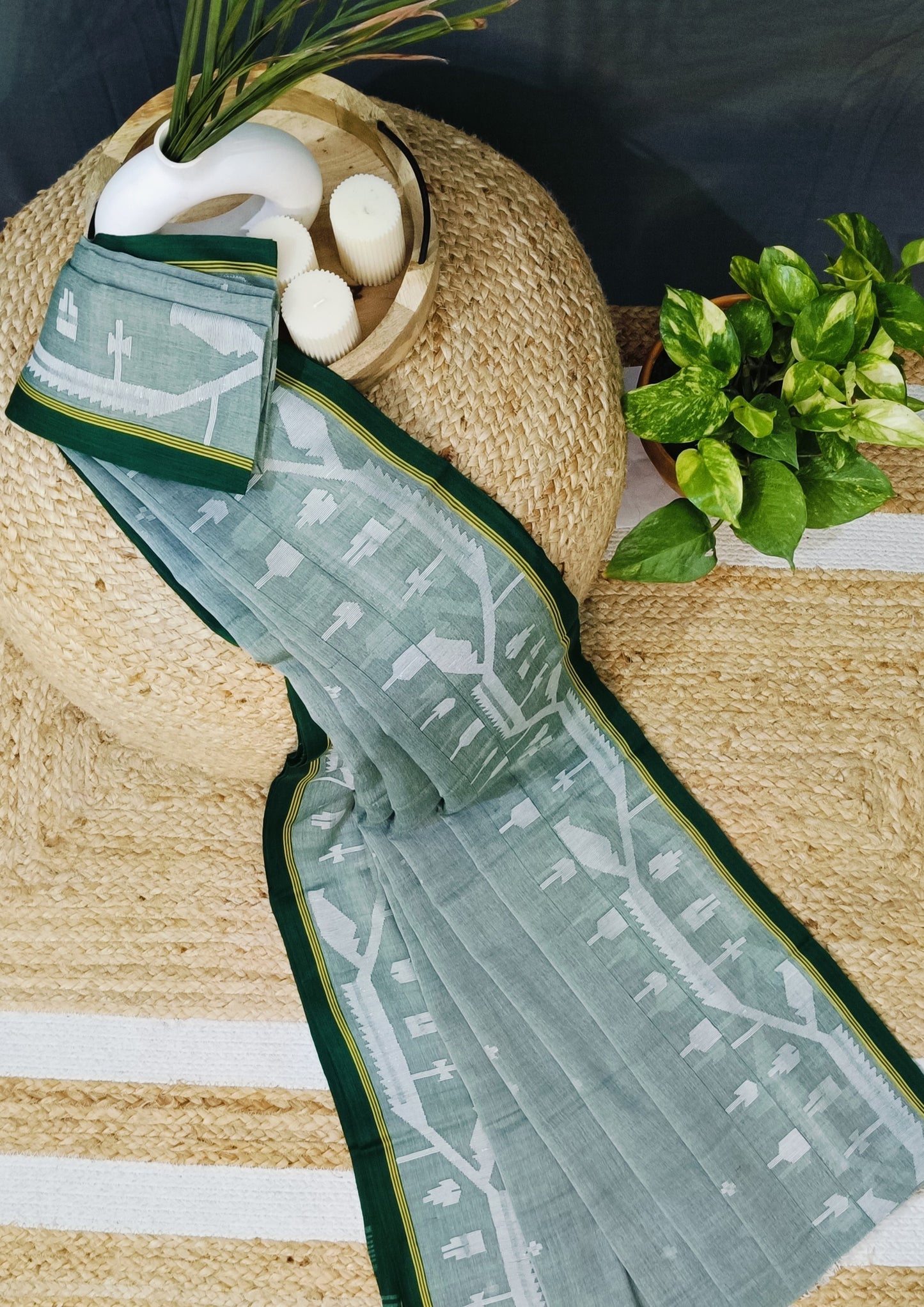 Cotton Jamdani Chir buti Saree- green